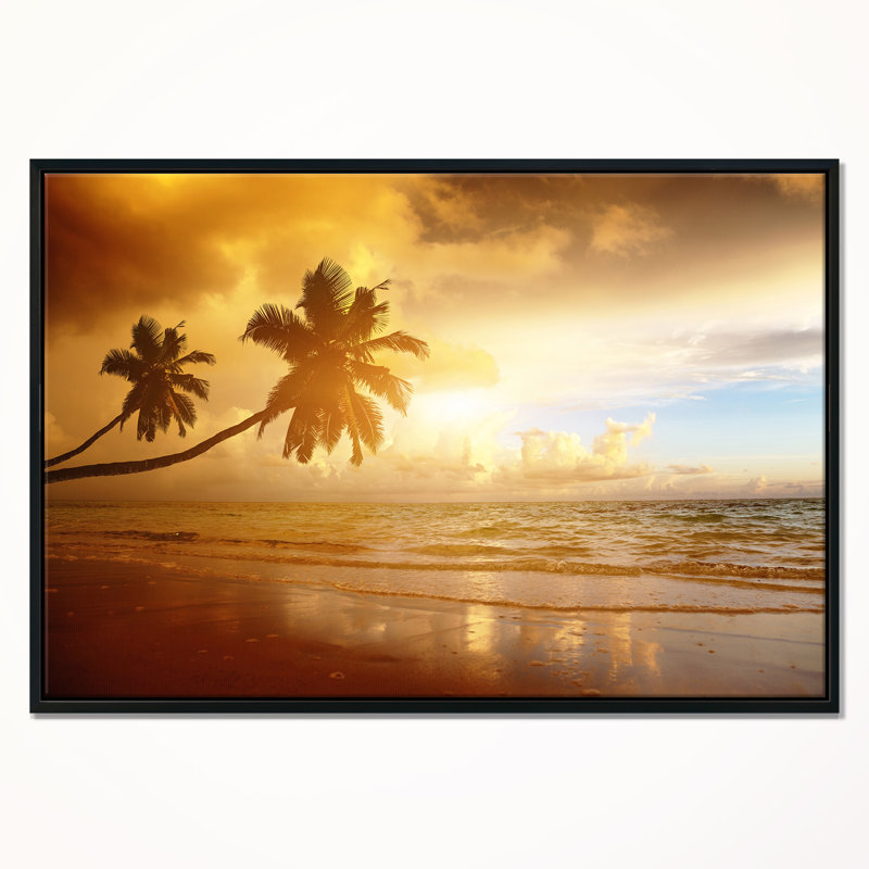 «Beautiful Palms at the Caribbean Beach» - reproduction, H 14 po x l 22 po x P 1 po, Cadre flottant
