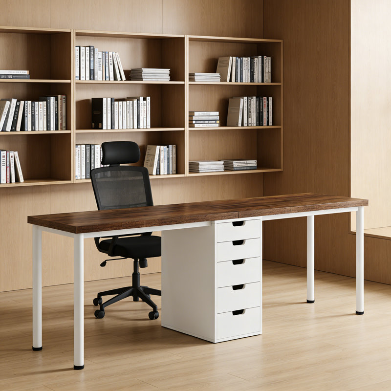 Nordic-Style Walnut Office Desk With White Metal Legs And Drawer Suitable For Home Office & Storage Needs