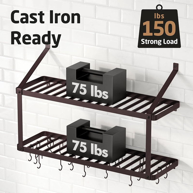 Support mural robuste pour casseroles avec porte-couvercles, finition bronze huilé