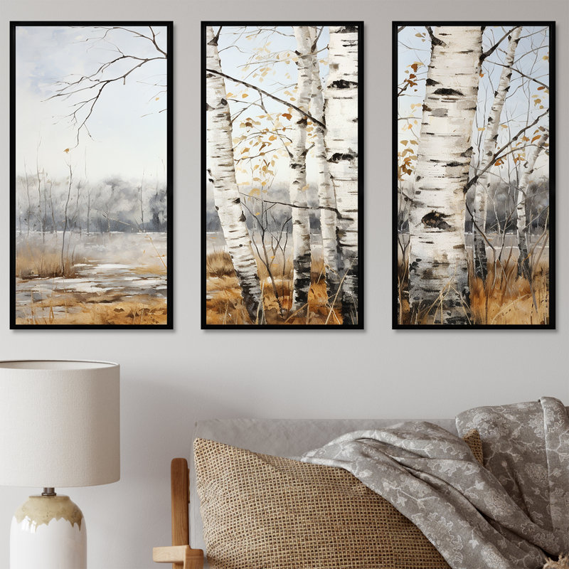 Argent minimalisme arbre Birchs Breath - ensemble d'art sur toile de bouleau, H 28 po x l 36 po x P 1 po, Cadre flottant noir