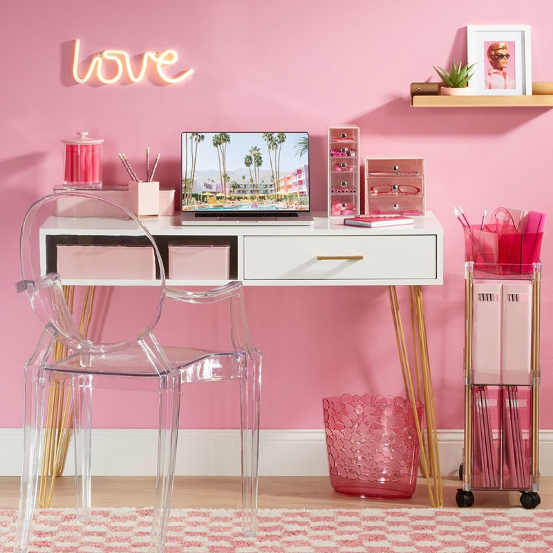 White and Gold Hairpin Leg Desk with Drawer