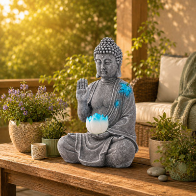 Statue de Bouddha solaire agitant de 10,6 po: résine zen imperméable, décorée de lotus et de lumière - décoration de jardin de patio (gris)