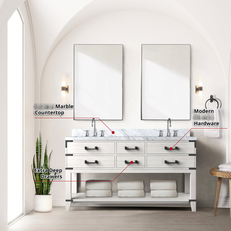 Meuble-lavabo double l 60 po x P 22 po en chêne blanc avec comptoir en marbre et robinet, White Oak