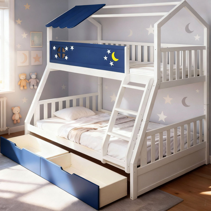 Arozu Twin Over Full Bunk Bed, Wooden Kids Bed with Night Sky Shaped with Guard Rail and Ladder, Pine Wood 2 Storage Drawers, Extra Stickers Gifted, Safety, Non Toxic, Navy Blue & White.