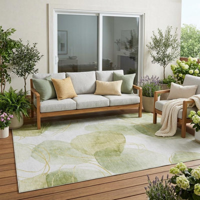 Tapis intérieur lavable antidérapant abstrait vert et ivoire 5 pi x 8 pi