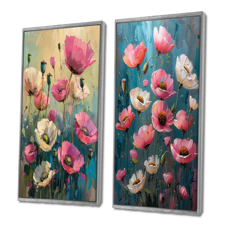 Ensemble de 2 pièces coquelicots roses et blanches, H 28 po x l 24 po, Impression encadrée, Argent