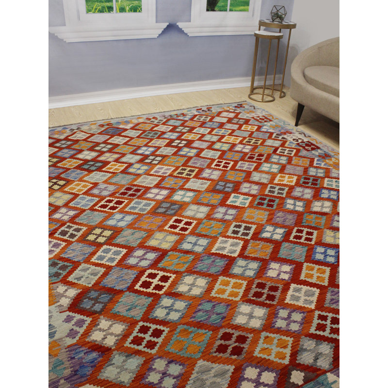 Tapis bleu clair/rouge en laine Kilim fabriqué à la main hults