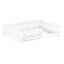 Lit plateforme en bois pleine grandeur avec garde-corps et tablettes de rangement, blanc-834557720-834557721