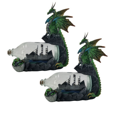 "2-PC Set" ICE ARMOR 8.75"W Green Dragon Guarding a Ship in Bottle Figurine Figurine Statue Ornament Home/Room Decor and Perfect Gift Ideas for House Warming, Holidays and Birthdays Great Collectible Addition