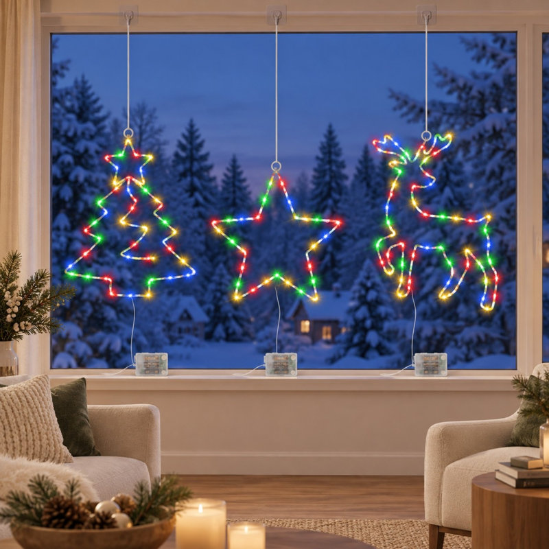 Ensemble de 3 guirlandes lumineuses de Noël pour fenêtres avec des motifs d'étoiles, de rennes et de sapins