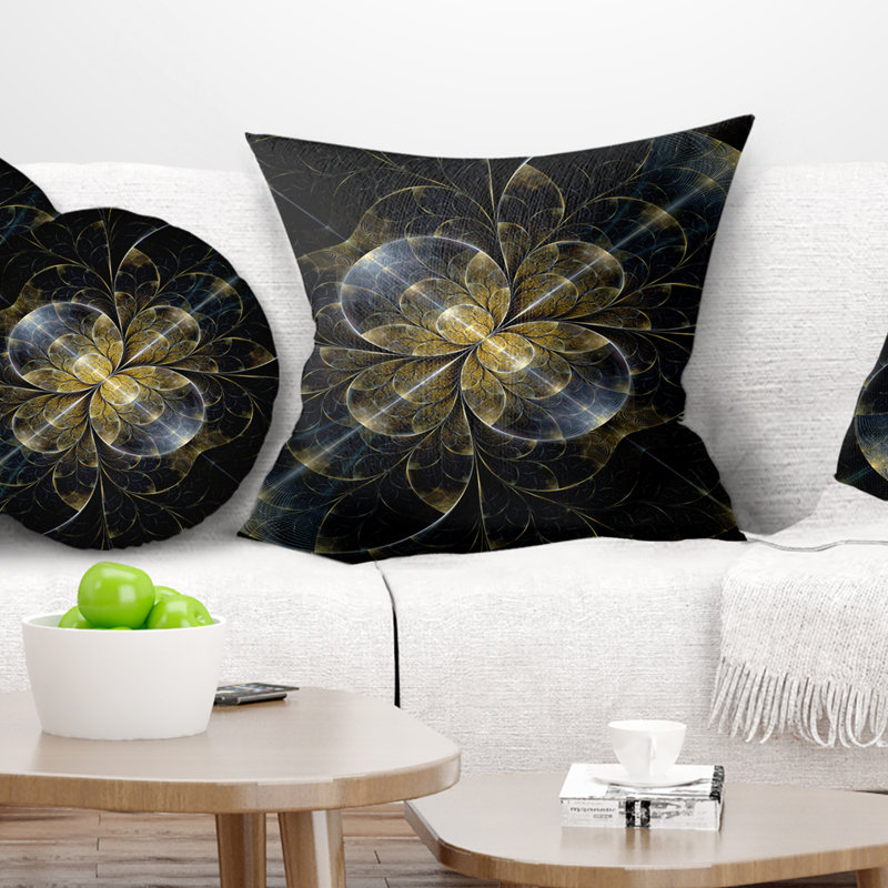 Coussin symétrique avec motif floral doré, 18 po x 18 po, Coussin décoratif
