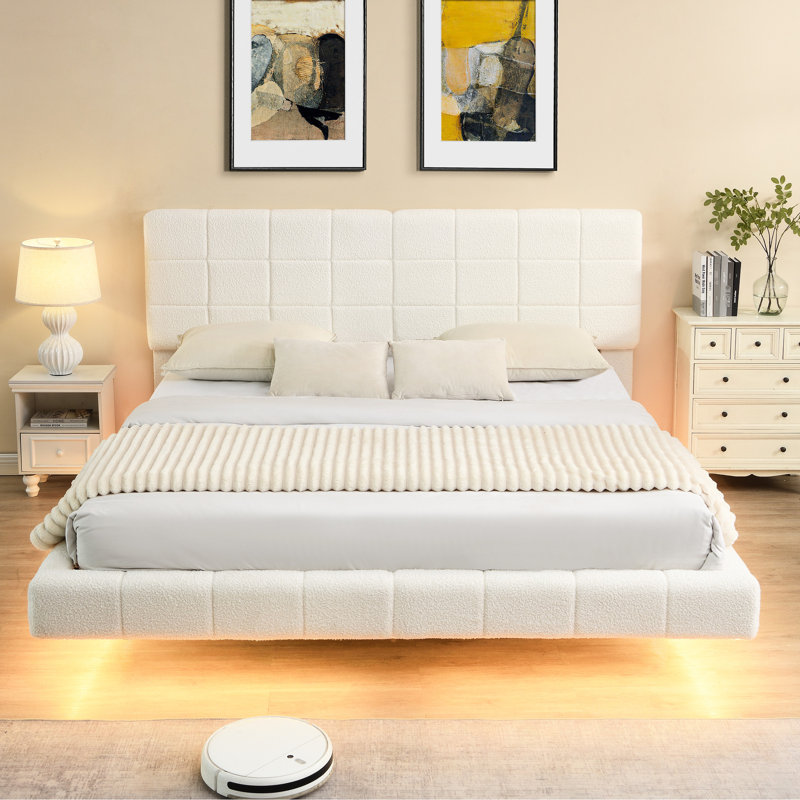 Queen White Boucle Bed With Floating Function And , Soft Material, Unique Atmosphere, - Collision Feature, Effortless Cleaning Multi Tone Lighting Skin Upholstery, Futuristic Style, Protection,