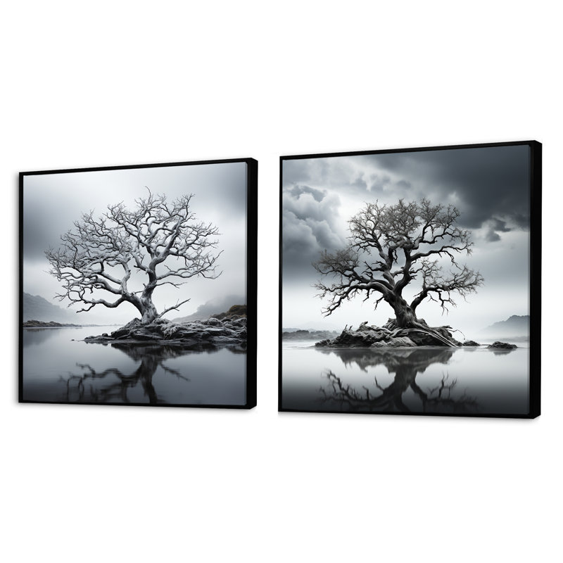 «Stormy Grays Tree Emotion», 2 pièces, Cadre noir, H 16 po x l 33 po