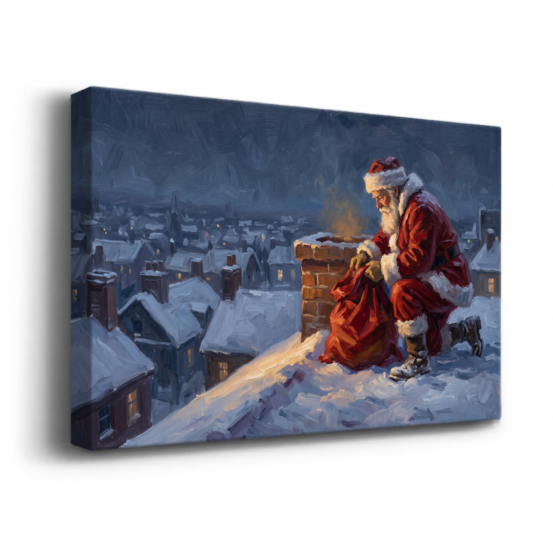 Père Noël à genoux par brique cheminée dans la neige, art mural de Noël, H 18 po x l 24 po
