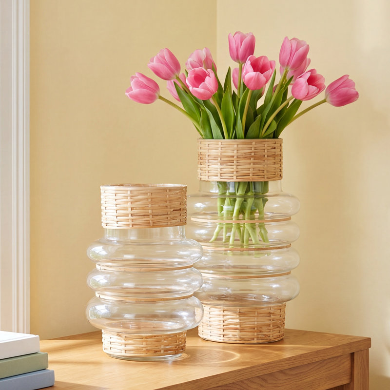 Alesiram Glass Handmade Rattan Wrapped Decorative Clear Vase Set