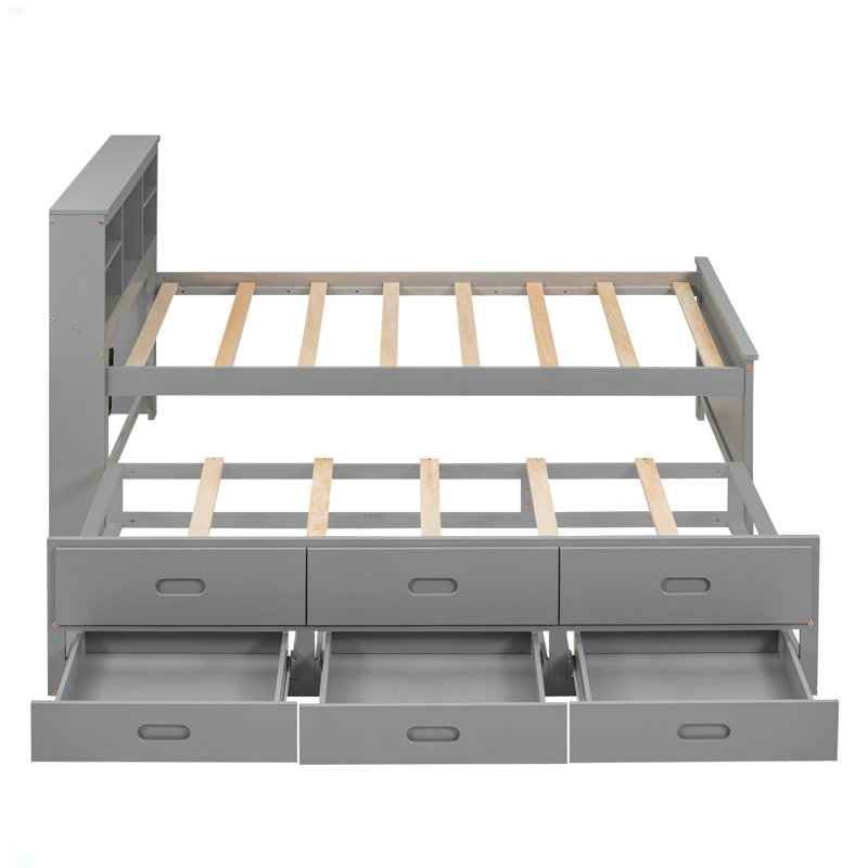 Lit plateforme simple avec tête de lit, USB, lit gigogne simple et 3 tiroirs, gris, Simple