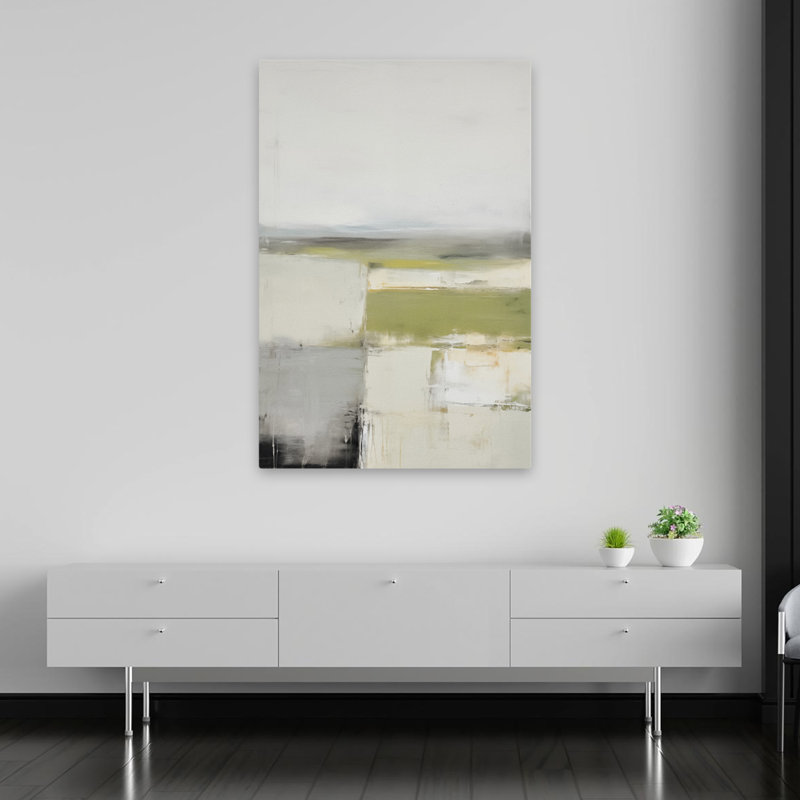 «Hazy Horizon I - Contemporary Modern Farmhouse Abstract Modern Art Mute Tones Green Grey Cream Art», H 60 po x l 40 po