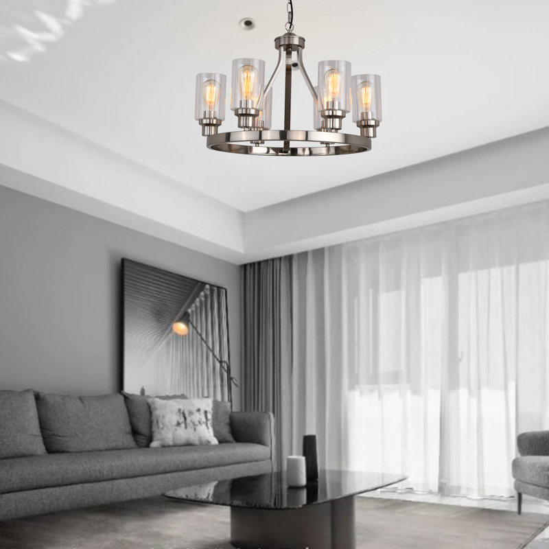 Ahsir 6 - Light Dimmable Lantern Wagon Wheel Chandelier, Brushed Nickel