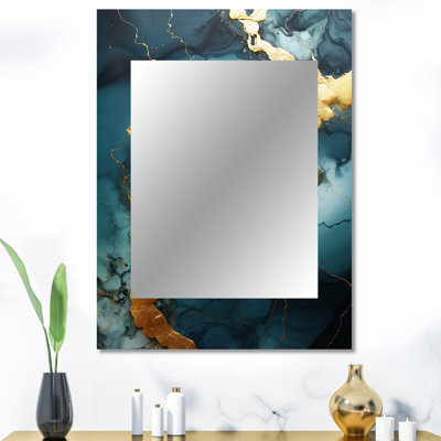 Or et vert abstrait marbre V - miroir mural décoratif en marbre, miroir moderne, impression d'art en métal