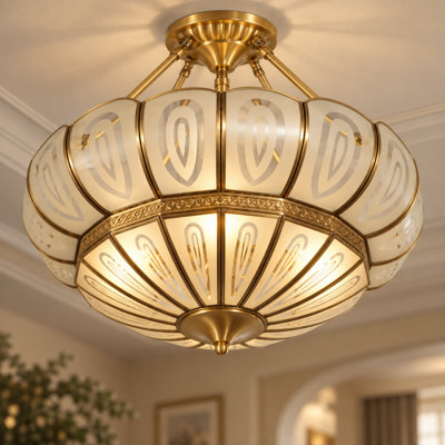 Lotus Pattern Semi Flush Mount Ceiling Light Brass Frame 4 Light Glass Close To Ceiling Lamp
