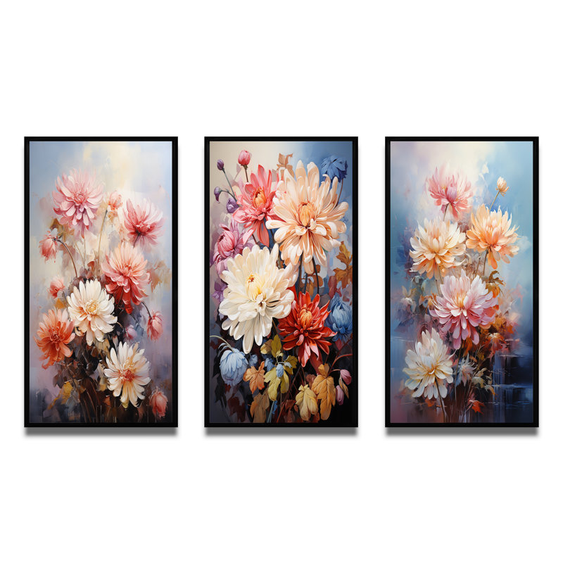 «Pink Chrysanthemums Romantic Impression», 3 pièces sur toile, Cadre noir, H 28 po x l 36 po