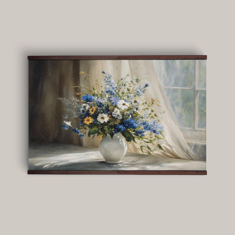 «Blue Floral Bouquet», art mural, impression de nature morte avec crochets en bois, H 40 po x l 60 po