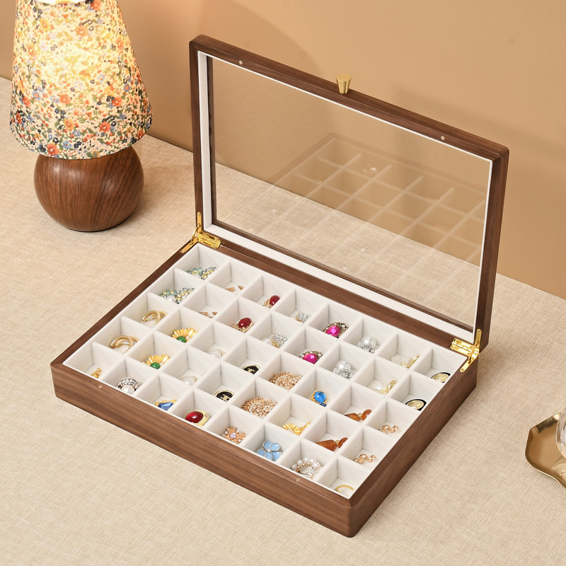 Organisateur de bijoux en bois de noyer noir avec couvercle transparent, boîte de rangement à bijoux pour boucles d'oreilles, bagues