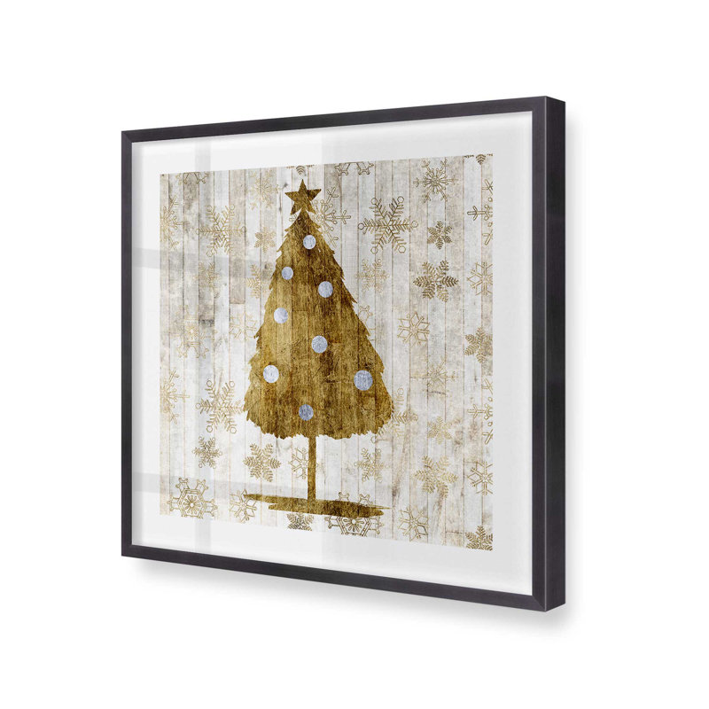 Impression d'arbre de Noël rustique doré, H 13,75 po x l 13,75 po, Cadre simple en zinc patiné, bois massif