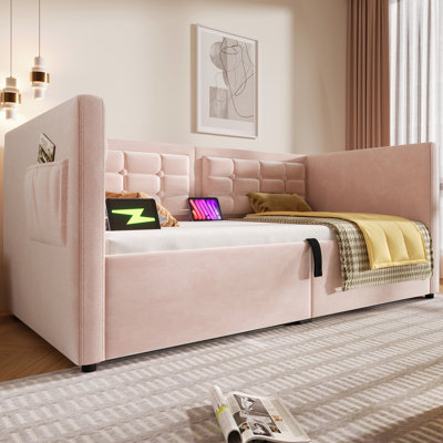Pink Velvet Twin Daybed, Bed Frame With Hydraulic Storage, & Type - C Charging, Back, And Shifting Mattress Structure For Stability