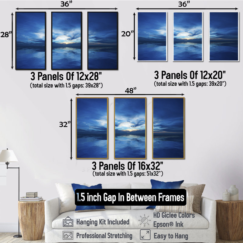 "Blue Waters" et "Blue Sky Sunset" - ensemble d'art mural sur toile encadrée "Sea & Shore", Noir, H 28 po x l 36 po