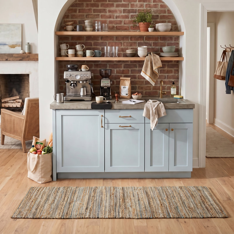 Tapis d'intérieur en jute de fibre naturelle fait à la main avec envers en coton Modern Farmhouse, Brun clair / marine