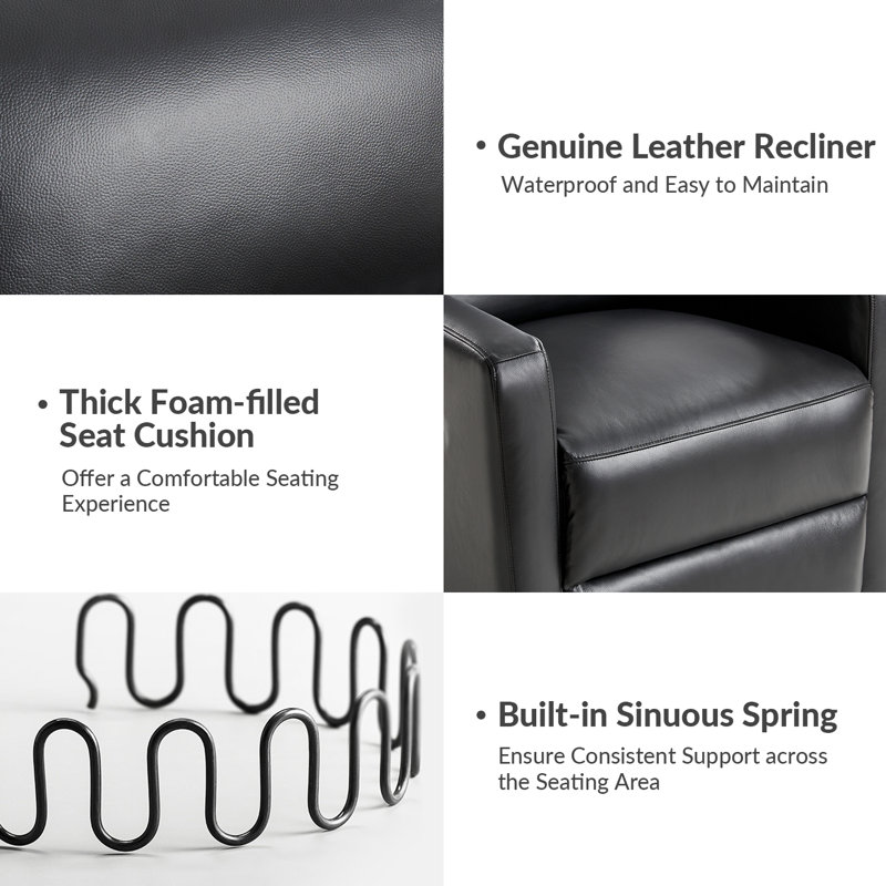 Sumbul Genuine Leather Upholstered Swivel Rocker Recliner, Black Leather