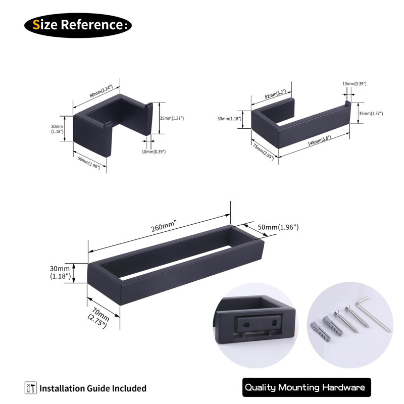 Ensemble de salle de bain durable en acier inoxydable noir mat, fixation murale, Noir mat
