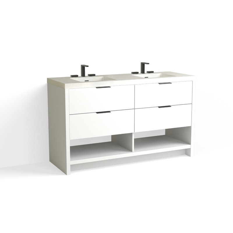 Vue 60" W Freestanding Double Bathroom Vanity, Glossy White/8" Widespread, Matte Black, White Nanomatte