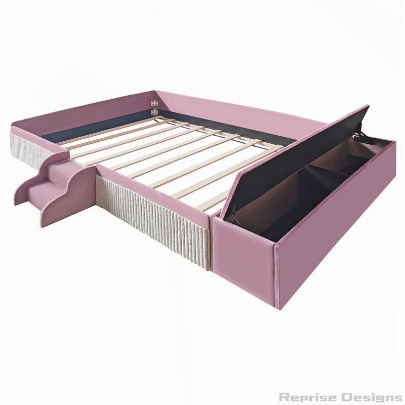 Lit de jour rembourré en velours avec escalier et repose-pieds avec rangement, Full / Double, Pink+White