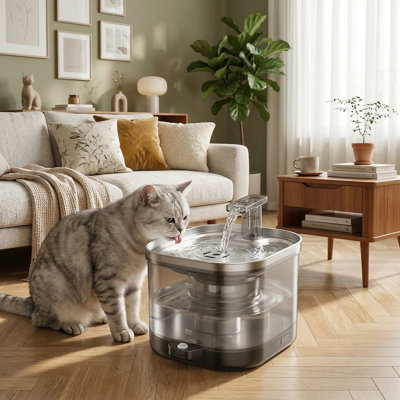 Fontaine sans fil pour chat avec pompe externe, 5000 mAh à piles, 68 oz rechargeable avec capteur de mouvement, pompe silencieuse, comprend 1 filtre
