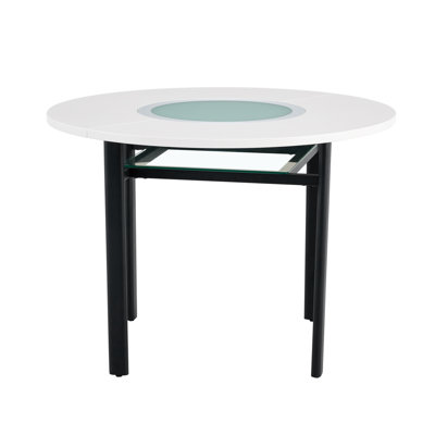 42" Round Dining Table with Gray Glass Inlay – Matte White Kitchen Table with Glass Storage Shelf & Stable Black Metal Bracket (Seats 4-6)