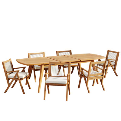 7 Piece Expandable Outdoor Dining Set With Acacia Wood Table And Rope Back Chairs