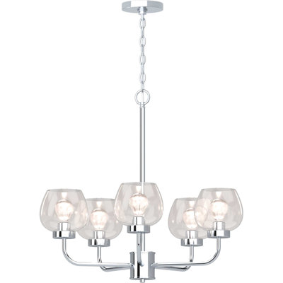  Lustre traditionnel / classique en nickel poli 5 lumières avec abat-jour en verre transparent