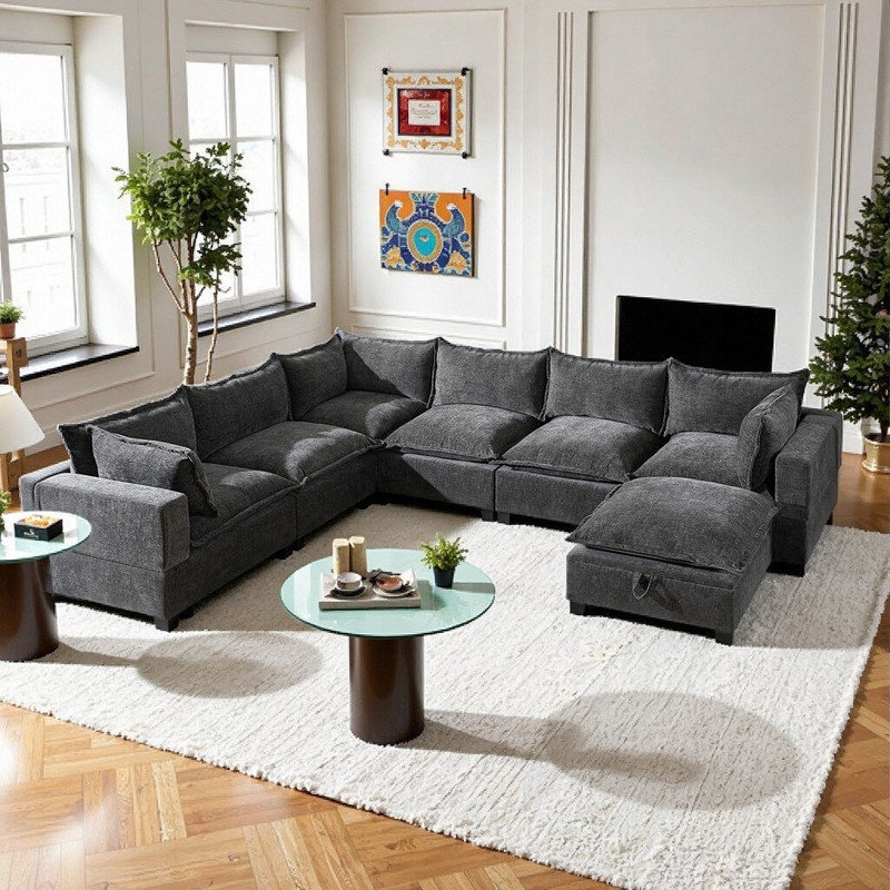 Canapé modulaire modulaire avec repose-pieds avec rangement et repose-pieds 7 places en tissu chenille amovible, Gris