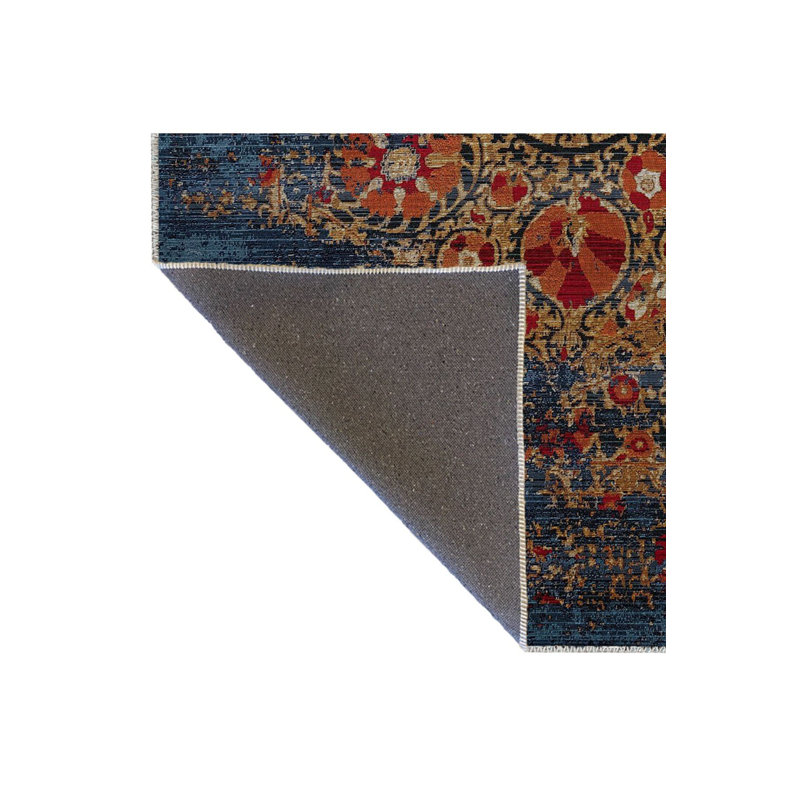 Tapis bleu décoratif abstrait à motif floral, Rectangle 5 pi 1 po x 7 pi 7 po