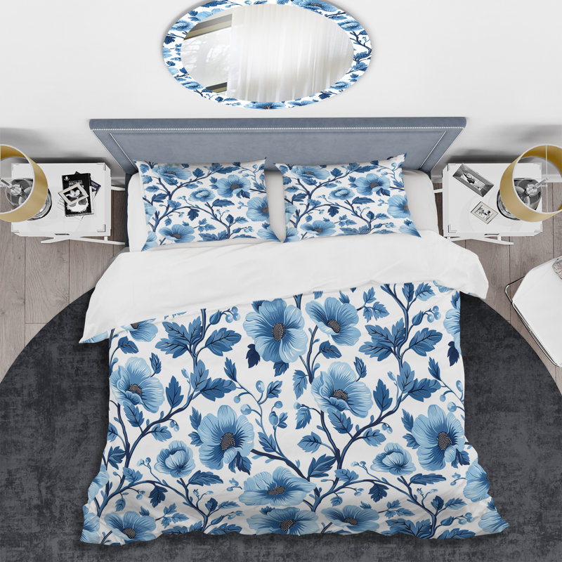 Ensemble de housse de couette transitionnel Blue Silver Floral Gardens I, Housse de couette simple et deux taies décorative