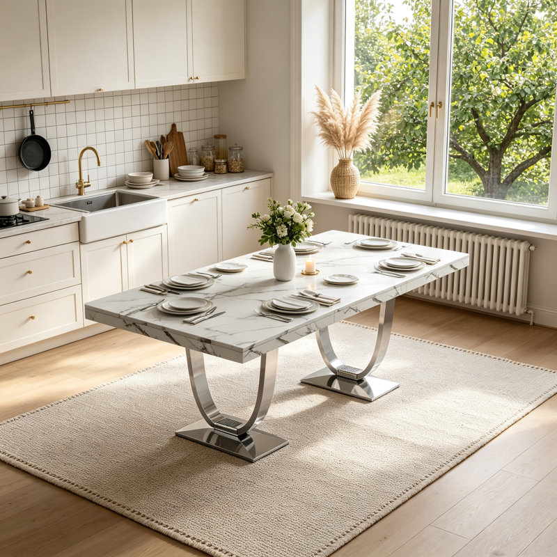 Table de salle à manger rectangulaire moderne et luxueuse de 70 pouces avec plateau imprimé marbre blanc et pied central en acier inoxydable pour la cuisine