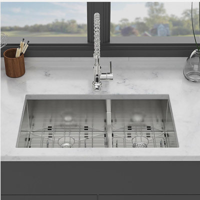 30x19x10" Undermount Double Bowl(60/40) Kitchen Sink - 16 Gauge with Two 10" Deep Basin - Double Bowl Design