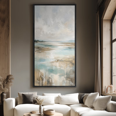 Large Framed Canvas Wall Art - Calm Blue Brown Coastal Landscape Decor - 60"x20", 60"x30"