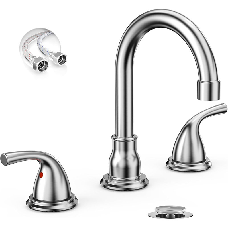 8 Inch 3 Hole Bathroom Sink Faucet, 2 Handle Widespread Faucet With Metal Pop Up Drain And Water Supply Lines, Brushed Nickel