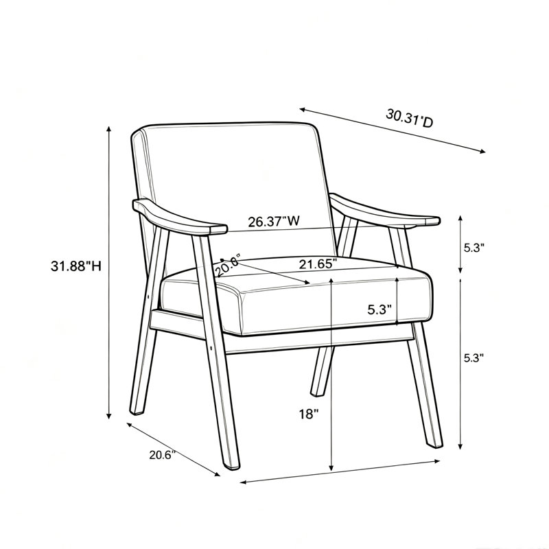 Fauteuil d'appoint moderne du milieu du siècle, structure en bois massif, revêtement en microfibre camel clair, idéal pour la lecture dans le salon, la chambre ou l'entrée.