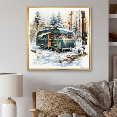«Camping Van Charm In Winter - Camping Travel», reproduction d'art mural