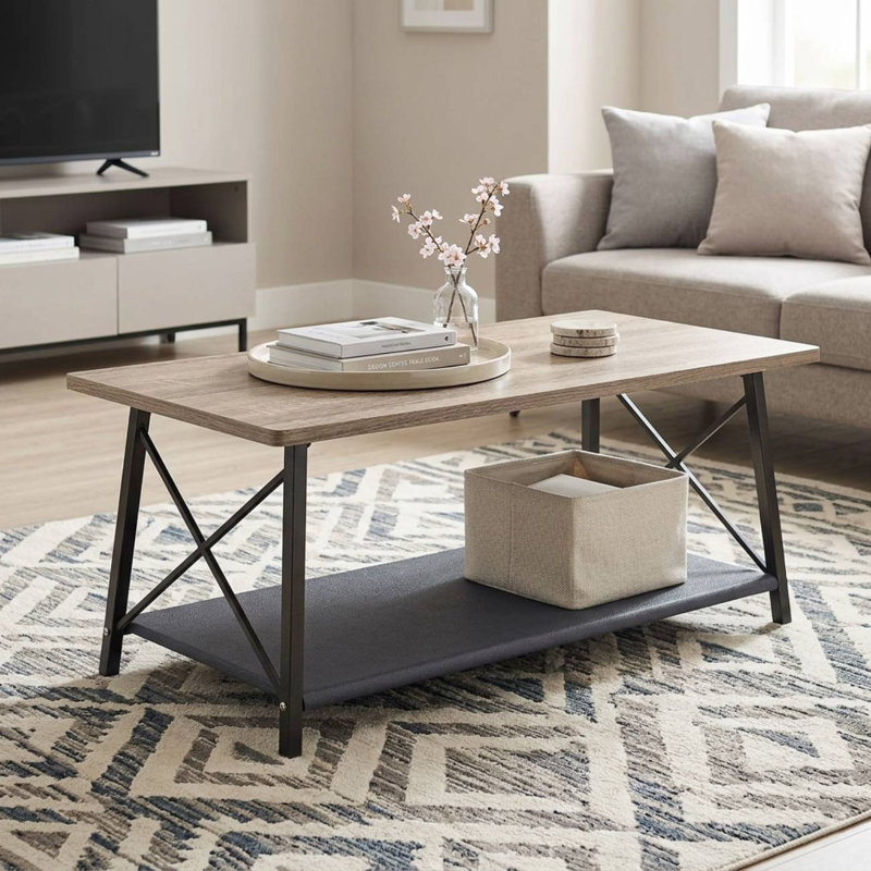 Logan Rectangular Metal Coffee Table with Wooden Top & Shelf Storage