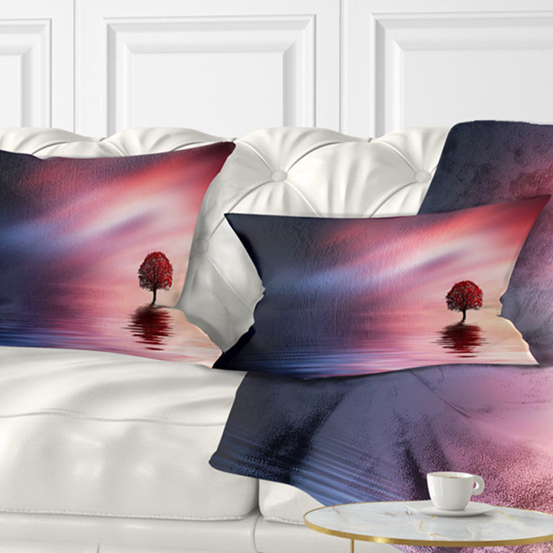Coussin lombaire paysage avec arbre solitaire et oiseaux